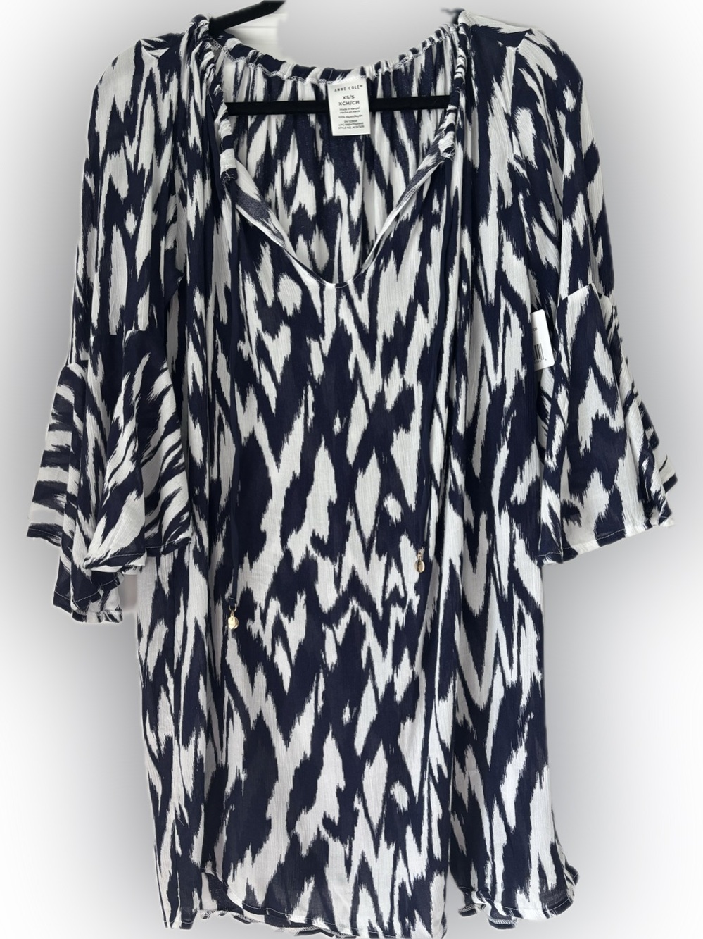 Caftan Swim Cover Up, Anne Cole NWT XS/S Navy White Ikat Bell Sleeve